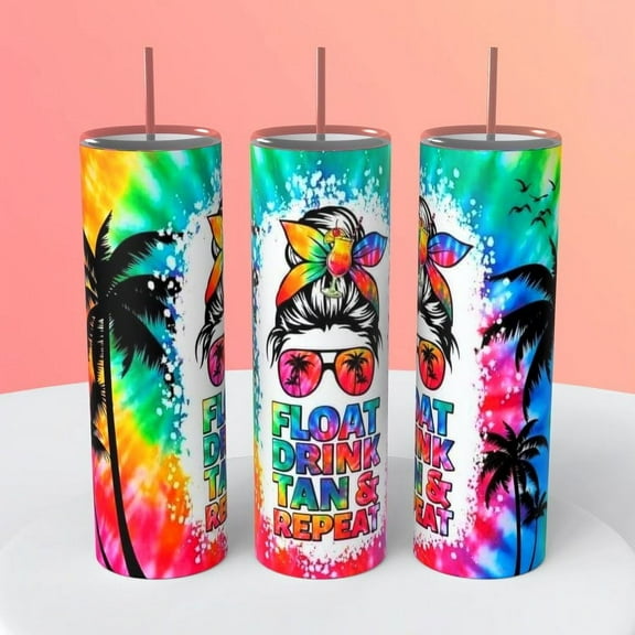 Float, Drink, Tan & Repeat Beach Messy Bun Sunglasses 20 ounce insulated tumbler coffee cup hot cold beverages