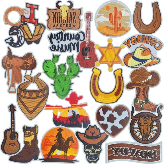20pcs Western Iron on Patches Wild West Cowboy Boot Horseshoe Embroidered Sew on Patch Appliquea Decorative Repair Accessories for DIY Clothing Hats Pants Backpacks Jackets Jeans