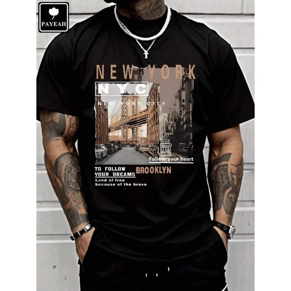 Men's Casual Cotton Streetwear, New York Brooklyn Street Scenes, High-Quality Clothing, Fashionable T-Shirts.