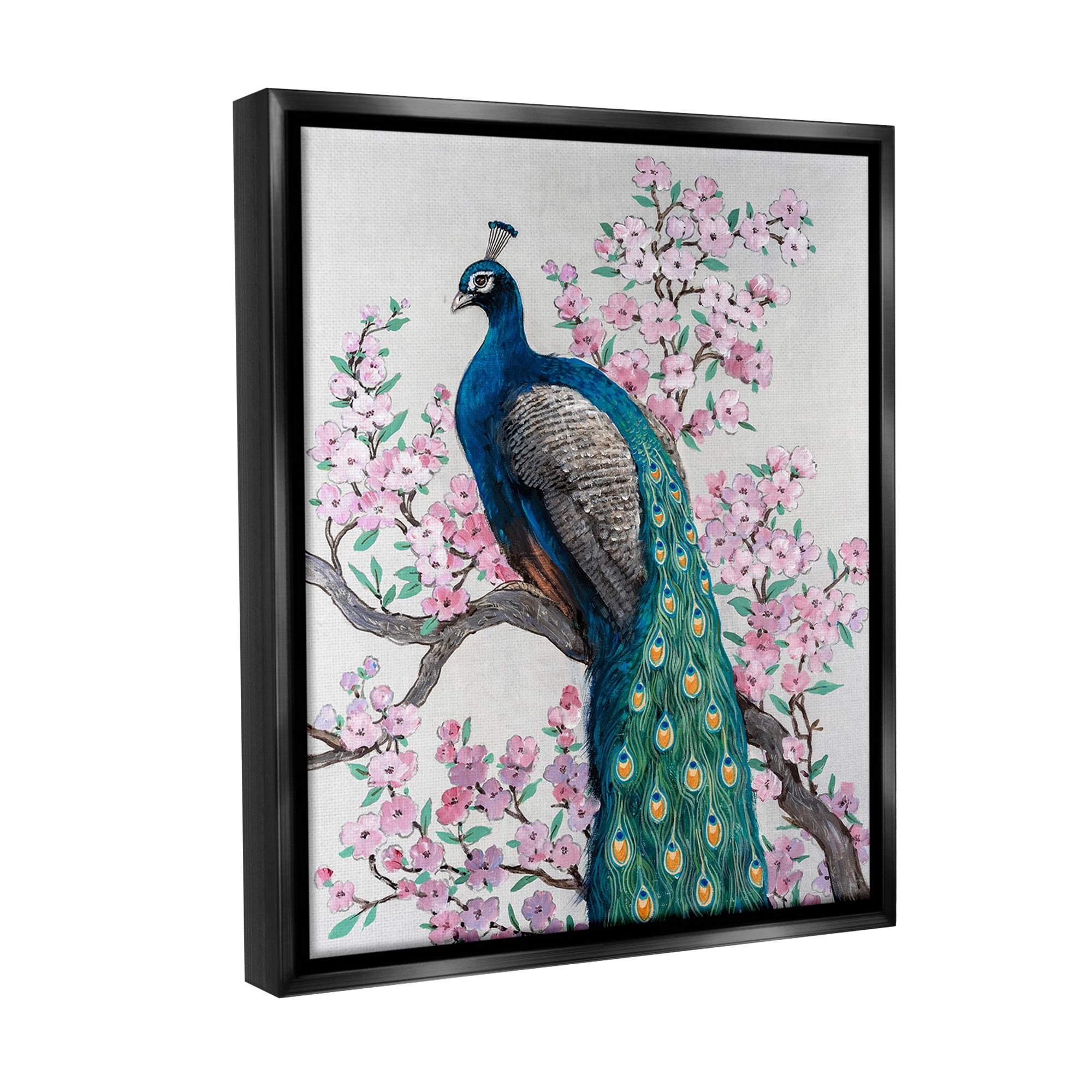 Stupell Industries Peacock & Cherry Blossoms Animals & Insects Painting Black Floater Framed Canvas Art Print Wall Art, 25 x 31