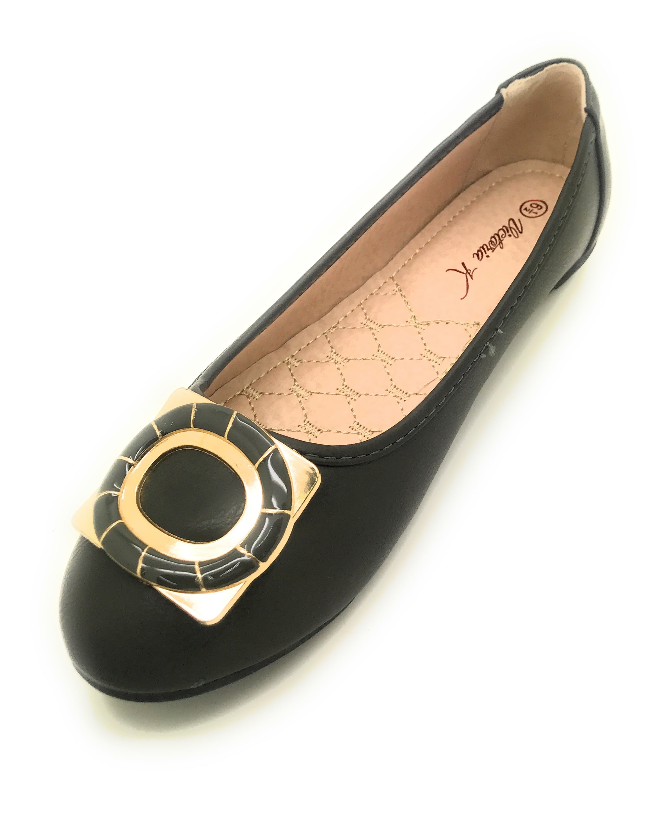 Women’s Ballerina Flats with Gold Buckle Accent – Round Toe Slip-On Dress Shoes – Comfortable Casual Everyday Flats for Work, Office, Travel, or Evening Wear