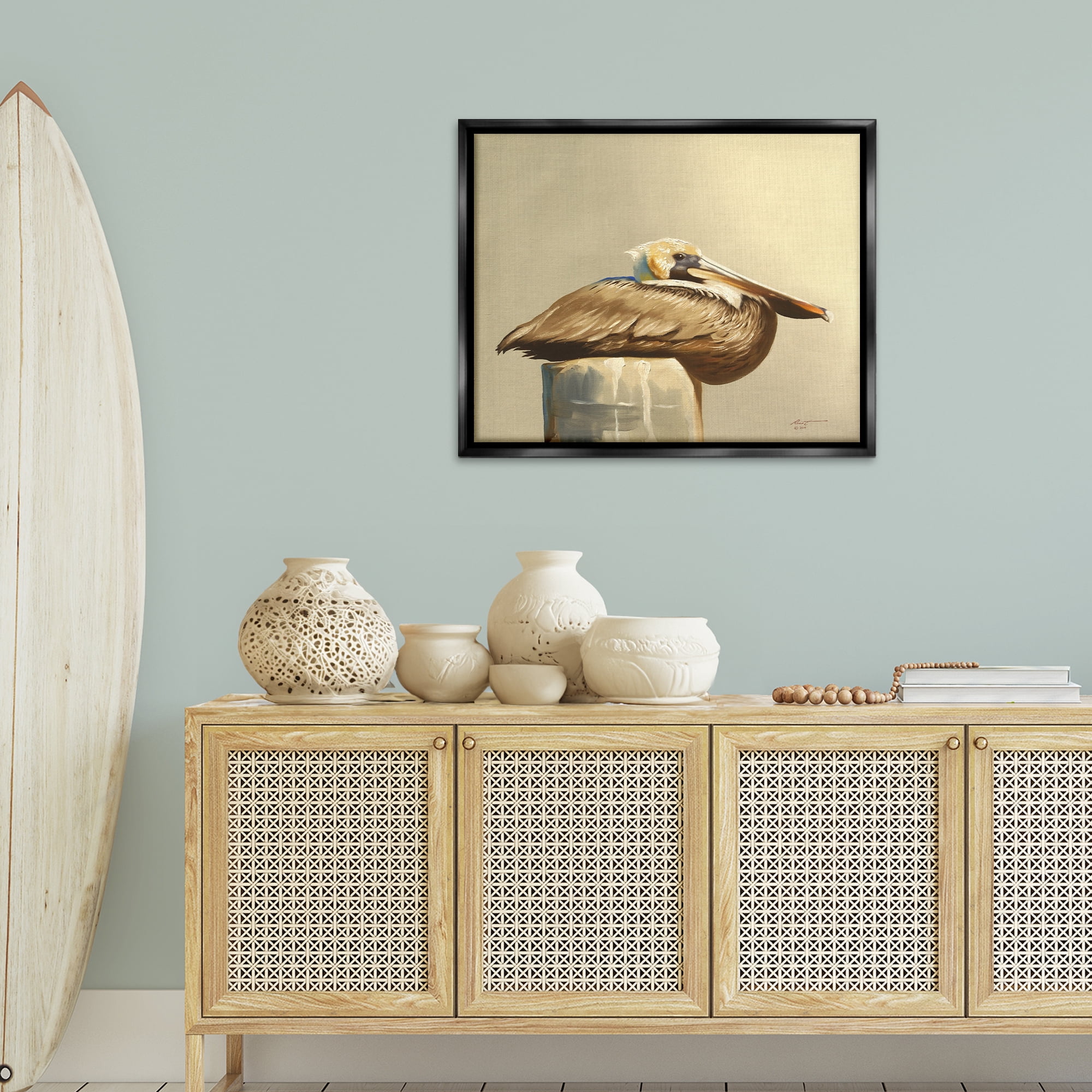 Stupell Industries Pelican Resting on Dock Animals & Insects Painting Black Floater Framed Canvas Art Print Wall Art, 31 x 25
