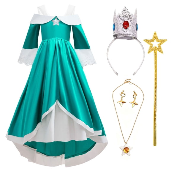 Galaxy Princess Costume Off Shoulder Dress w/Crown Wand Accessories for 3-10 Years Halloween Outfits