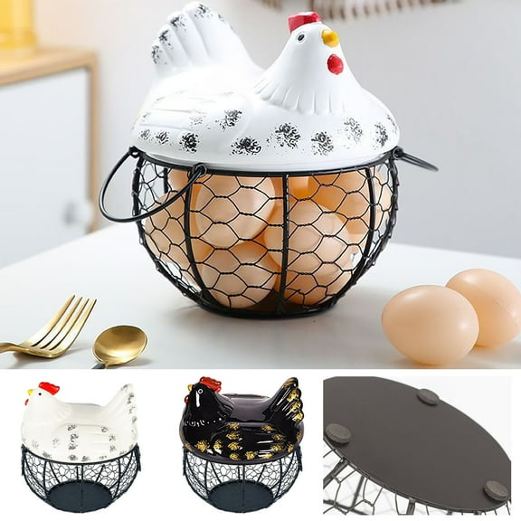 Egg Storage Basket with Chicken Design Ceramic Lid, Iron Basket Holds 20-25 Eggs, Egg Holder, Wire Organizer Case For Eggs, Fruits, Vegetables, Countertop, Farmhouse Rustic Style