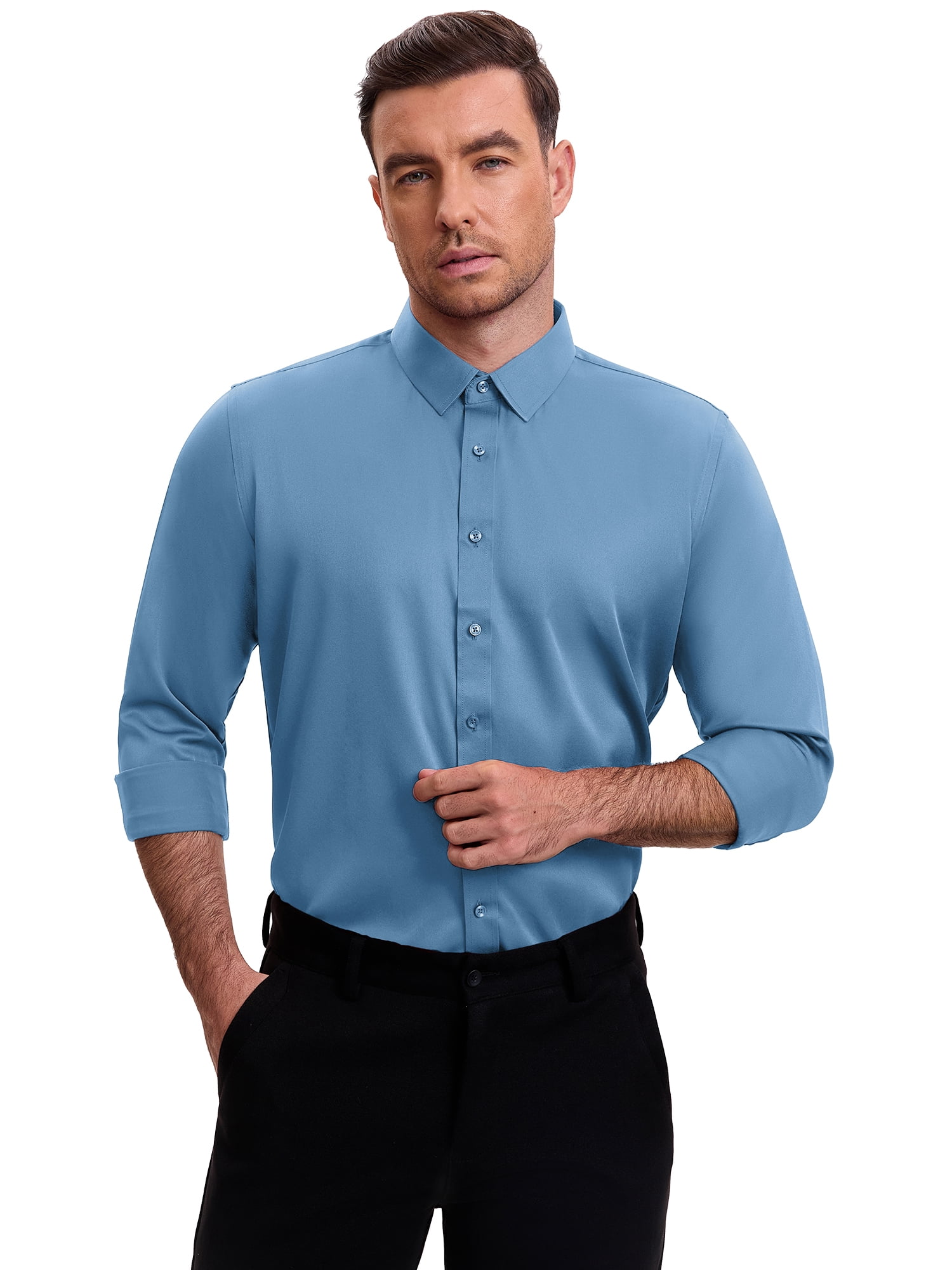 DARING DIVA Men's Point Collar Long Sleeve Button Down Formal Shirts S Blue