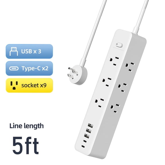 ZHENYEMEI Surge Protector Power Strip, 5 ft Flat Plug Long Extension Cord, Multi Plug Outlet Extender, 9 Outlets 3 USB A & 2 USB C Ports for Travel Home Office Entertainment, White