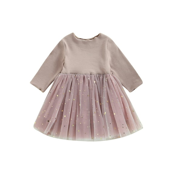 Bagilaanoe Toddler Baby Girl Party Dress Stars Moon Pattern Long Sleeve A-line Princess Dresses 9M 12M 24M 3T 4T Kid Patchwork Tulle Skirt