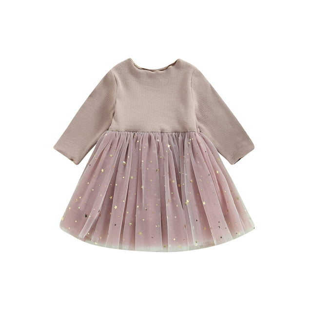 Sunloudy Robe pour Filles Tout-Petits, Robe Tutu en Tulle à Manches Longues à Sequins Motif Étoiles Lune, Robe Princesse d'Automne