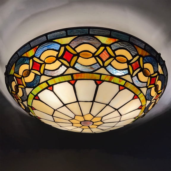 Vinplus Tiffany 3 Light Flush Mount Ceiling Light 16" White Finish with Tiffany Glass