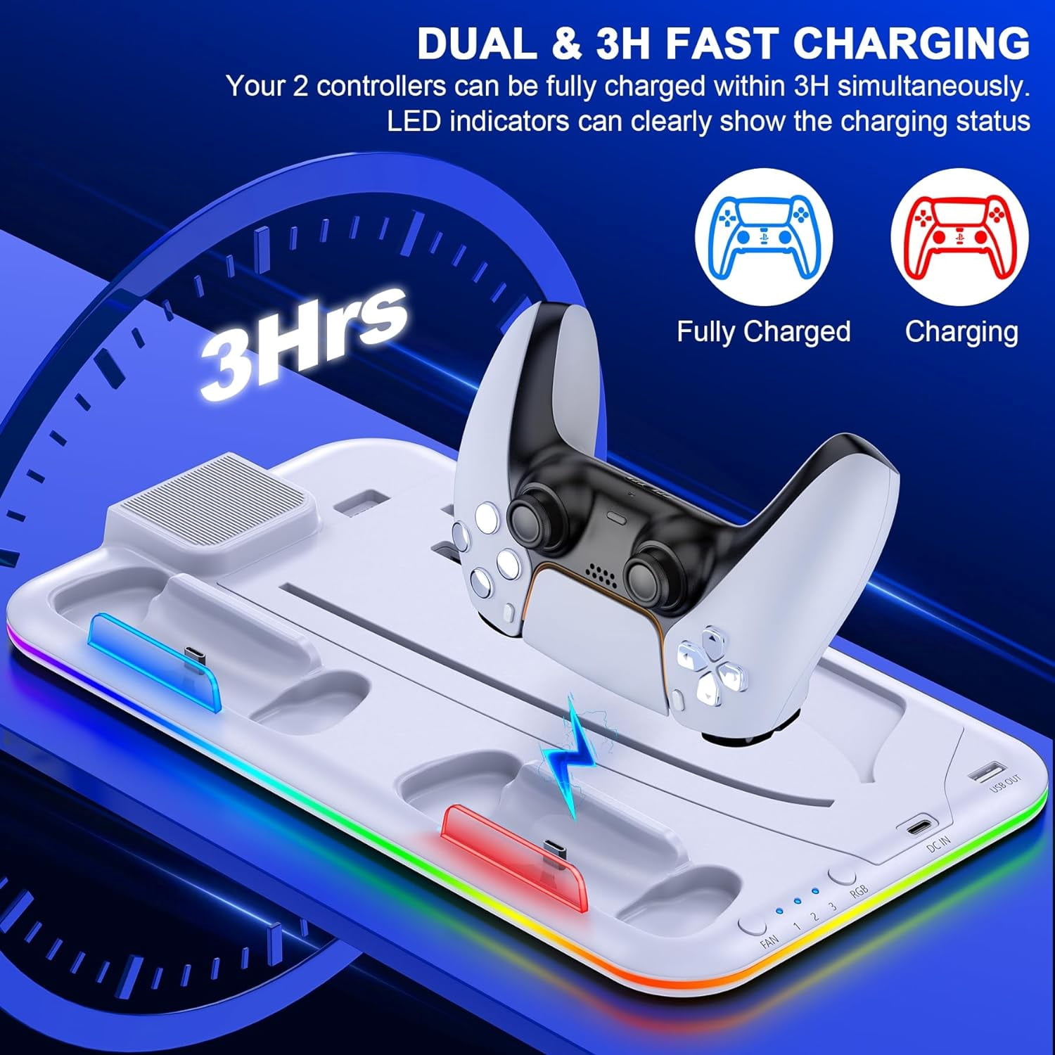 PS5 Slim Stand and Turbo Cooling Station with Controller Charging Station for Playsation 5, 3 Levels Cooling Fan, RGB Light, 15 Game Storage, Headset Holder for PS5 Digital/Disc