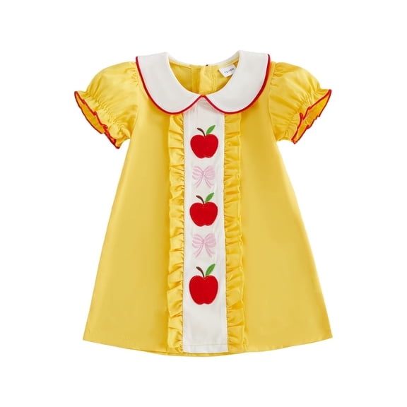 RUINIXCW Toddler Baby Girl Back to School Dress Kids Kindergarten First Day of School Outfits Toddler Girl Summer Fall Dress Puff Short Sleeve Doll Collar Apple Bow Embroidery Ruffle Trim Dress