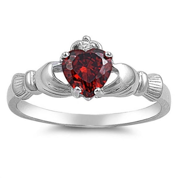 CHOOSE YOUR COLOR Simulated Garnet Claddagh Heart Promise Ring .925 Sterling Silver Band Red CZ Female Size 12