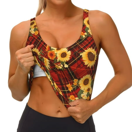 Qokaie Red Plaid Sunflower Pattern Womens Scoop Neck Sports Bra Breathable Workout Vest Padded U Back Medium Impact Fitness Gym Yoga Bra Workout Crop Top