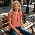 thumbnail image 5 of Fengqque Girls Blouse V-Neck Ruffled Cap Sleeves Pleated Front Relaxed Fit Flowy Casual Top 5-14 Years Red 5-6Years, 5 of 9