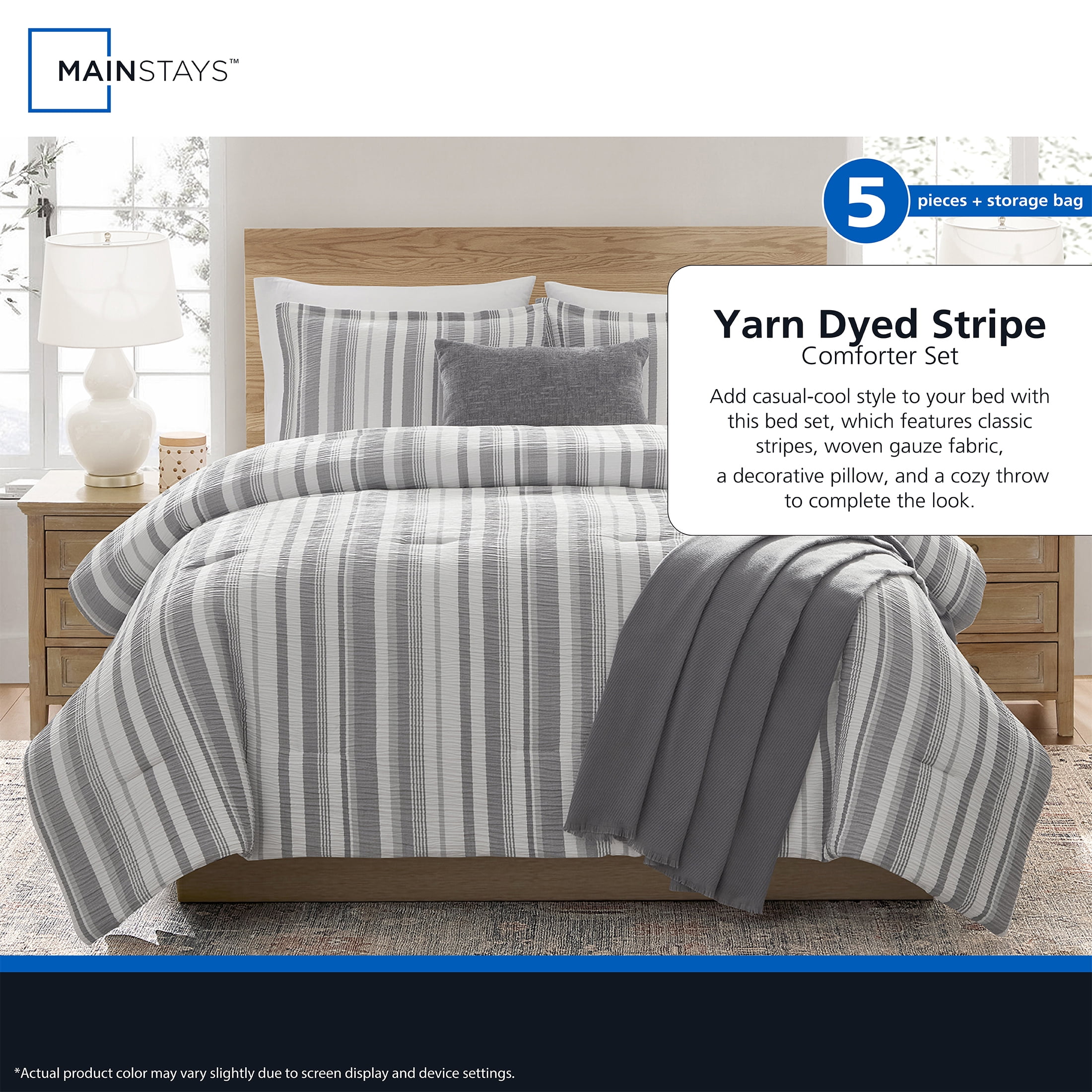 Mainstays Yarn Dyed Stripe 5-Piece Grey Comforter Set, King