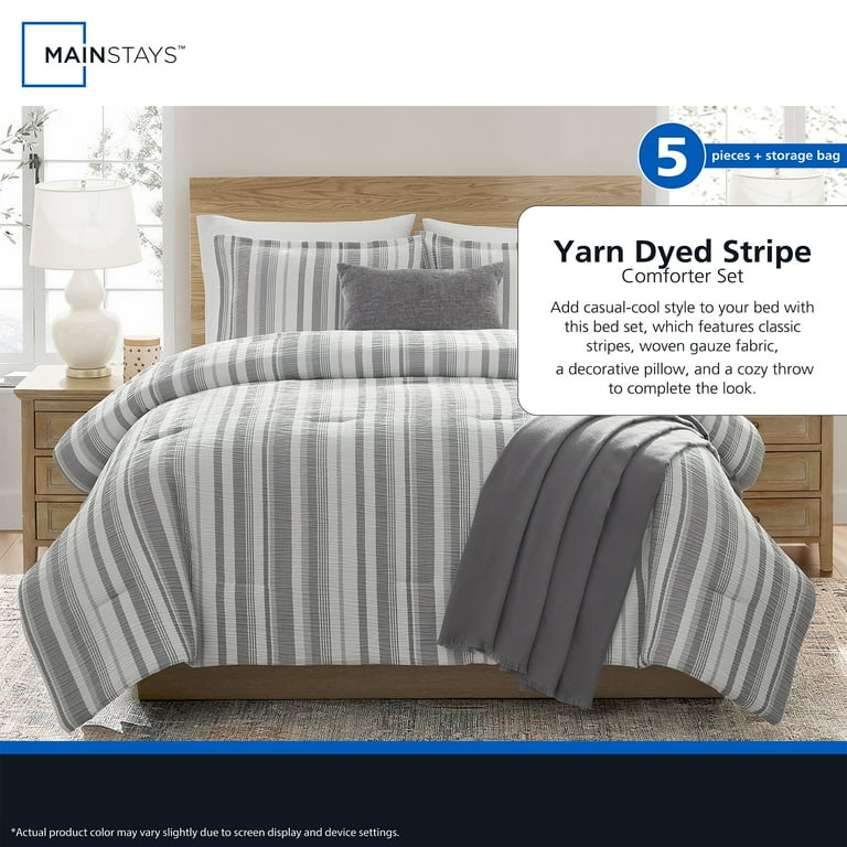 Mainstays Yarn Dyed Stripe 4-Piece Grey Comforter Set, Twin/Twin