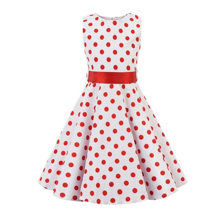 

XIEULQP Summer Dress Outfits Party Sleeveless Gown Dress Kid Dots Prints Floral Children Girl Princess Clothes Girls Dresses Flower Girl Dress White