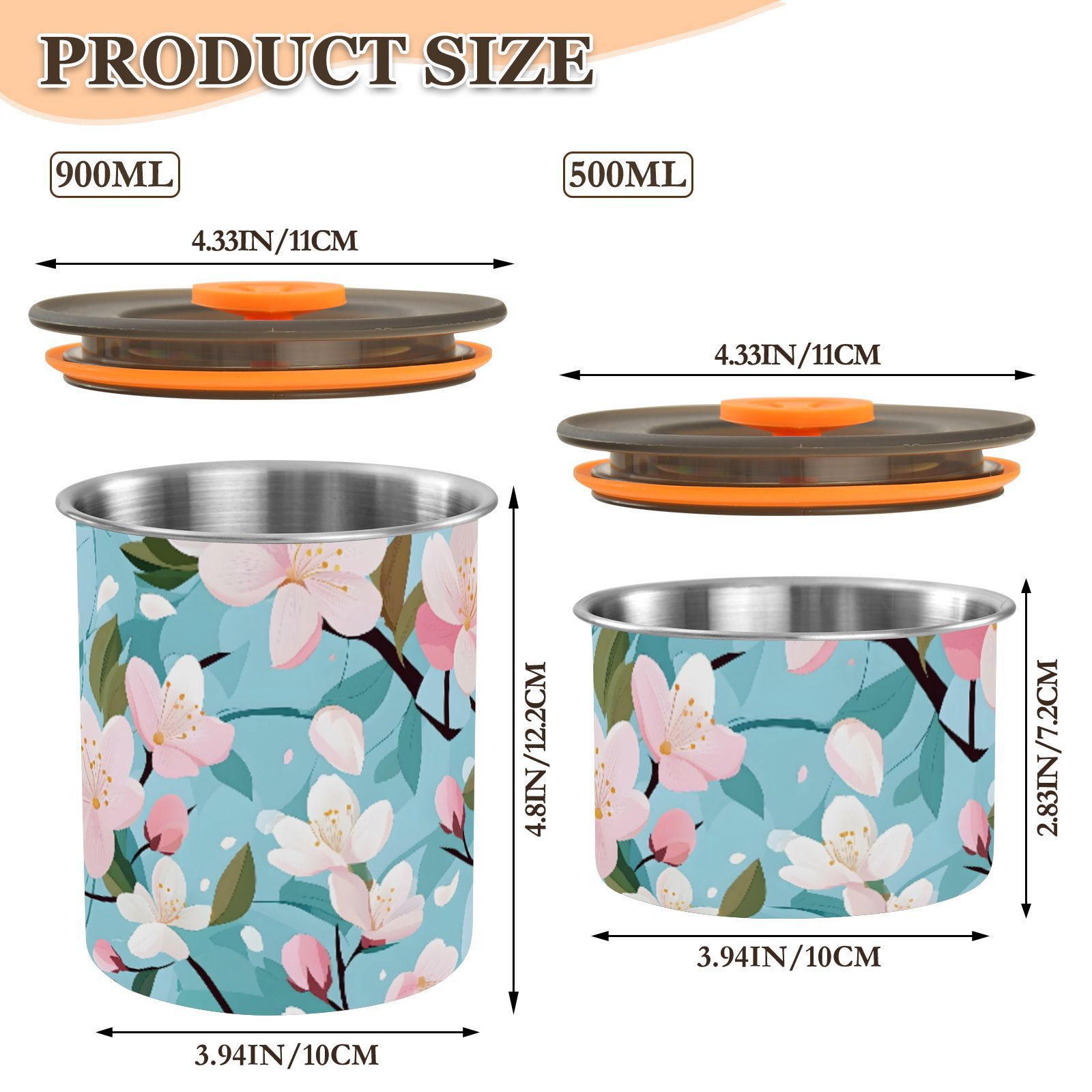 Cherry Blossom Pattern Airtight Coffee Bean Canister 30oz Food Storage Containers with Lids For Gournd, Tea, Sugar, Flour, Rice, Cereal, Candy Cookie Jar