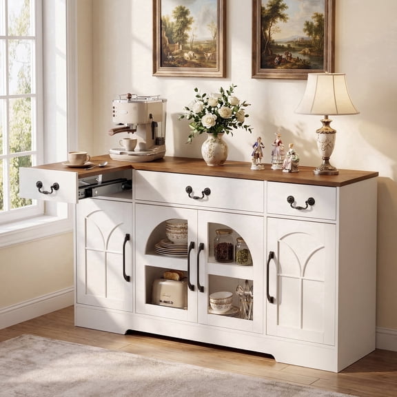 Keenstone Sideboard Buffet Cabinet, 2 Drawers and 4 Doors, 55.1” W Kitchen Storage Cabinet with Expandable Desktop Adjustable Shelves, White