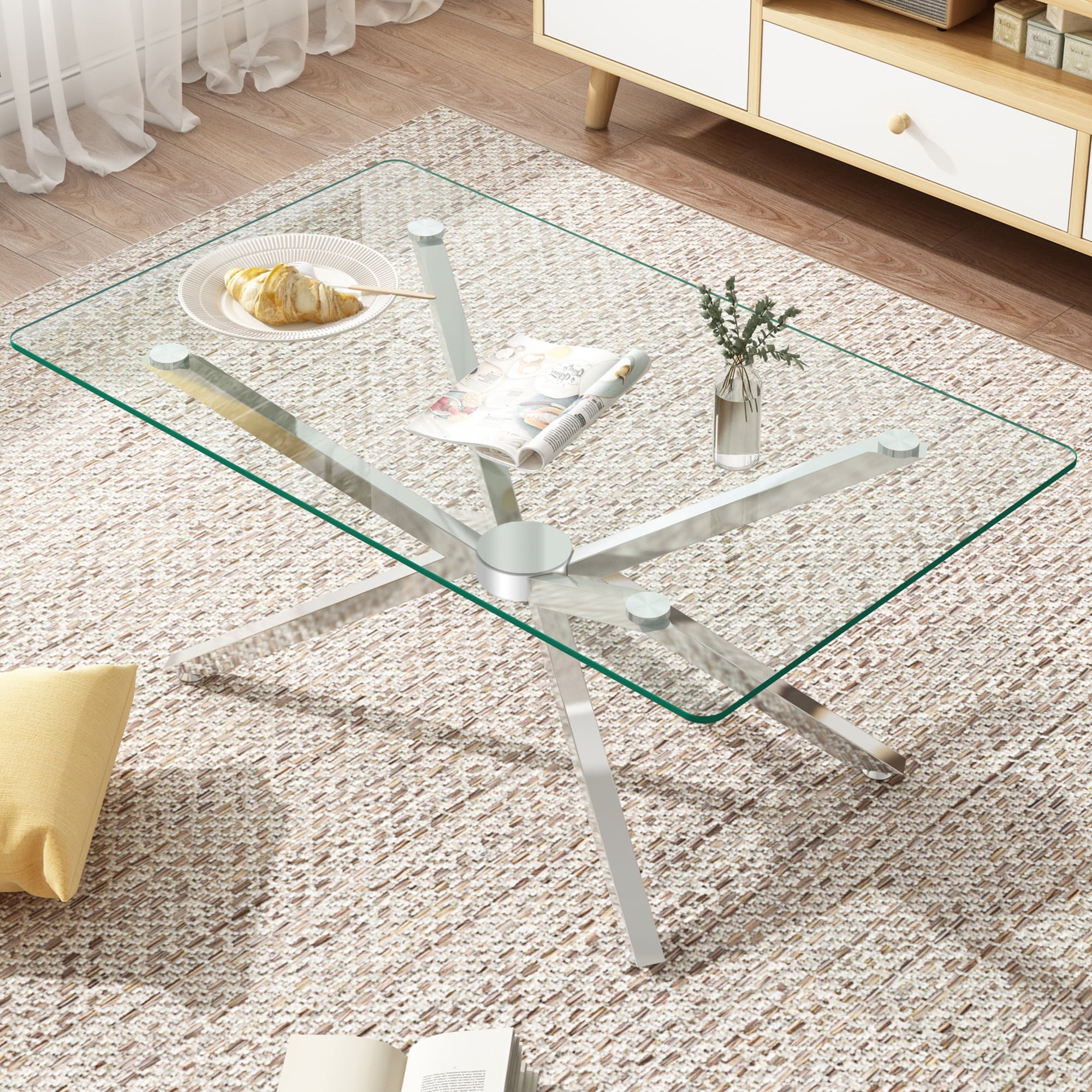 Euroco 39.37" Rectangular Clear Tempered Glass Coffee Table,Stylish Design with silver Metal Legs, Coffee Table for Living Room