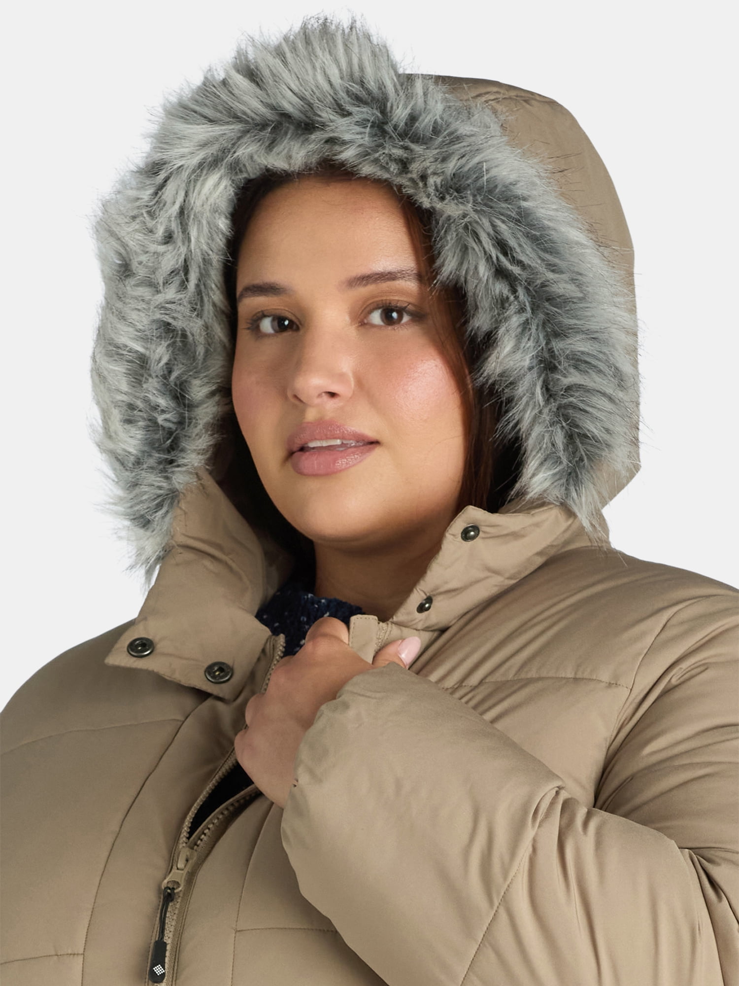 Big Chill Women's and Women's Plus Wide Quilted Puffer Coat with Faux Fur Trim Hood, Sizes S-3X
