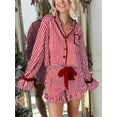 thumbnail image 4 of Rdhnmea Women Christmas Striped 2 Piece Pajama Set Bow Tie Long Sleeve Button Down Crop Shirt Elastic Pants Holiday Loungewear Xmas Sleepwear, 4 of 9