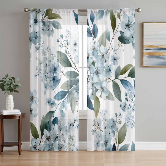 Watercolor Flowers Sheer Curtains 84 Inch Length 2 Panels Set Window Treatments, Spring Floral Leaves Botanical Blue Rod Pocket Semi Curtains for Living Room/Bedroom/Kitchen Décor, 104"W x 84"L