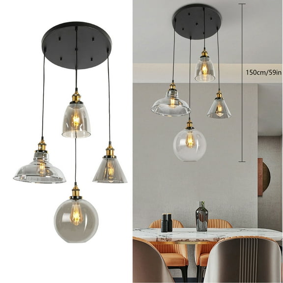 110-220V Modern Semi-clear Glass Chandelier Pendant Lamp, 4 Shapes E27 LED Halogen Ceiling Light for Kitchen, Dining Room