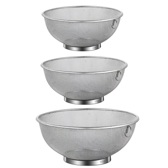 3 Pcs Stainless Steel Strainer Set, Fine Mesh Strainer, Include 7.1, 7.9, 8.7 in / 18, 20, 22 cm Food Colander Set, Rice Washing Basket for Kitchen, Space-Saving Stackable Design