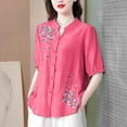 thumbnail image 2 of CheerKidz Women's Retro Embroidered Round Neck Short Sleeve Blouse Five Quarter Sleeve Vintage Fashion(Hot Pink,L), 2 of 5
