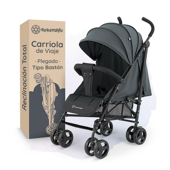 Carriola de Bastón para Bebé Esquimal, Carreola de Viaje, Ligera, Toldo Amplio, Reclinación Total (Negro - Gris)