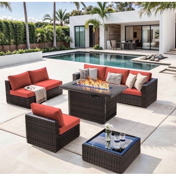 TANGJEAMER Outdoor Garden 8 Piece Patio Furniture with 43" 55000BTU Gas Propane Fire Pit Table Rattan Wicker Sectional Set