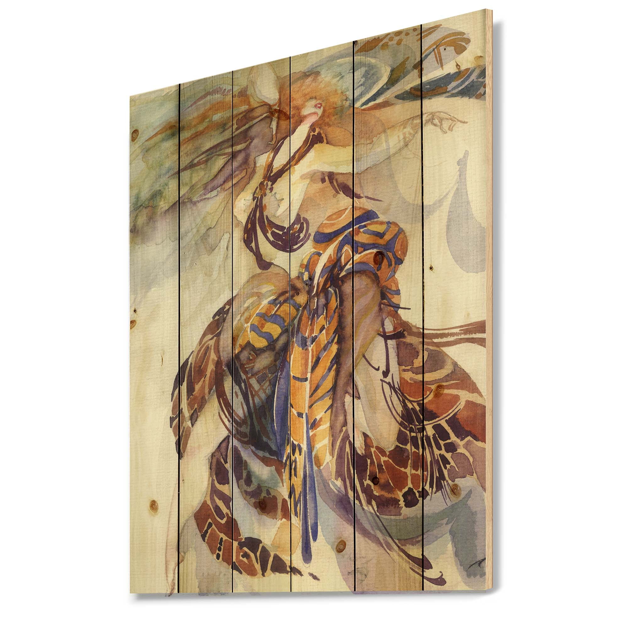Designart 'Allegory of Paradise Bird Woman Portrait' Traditional Print on Natural Pine Wood