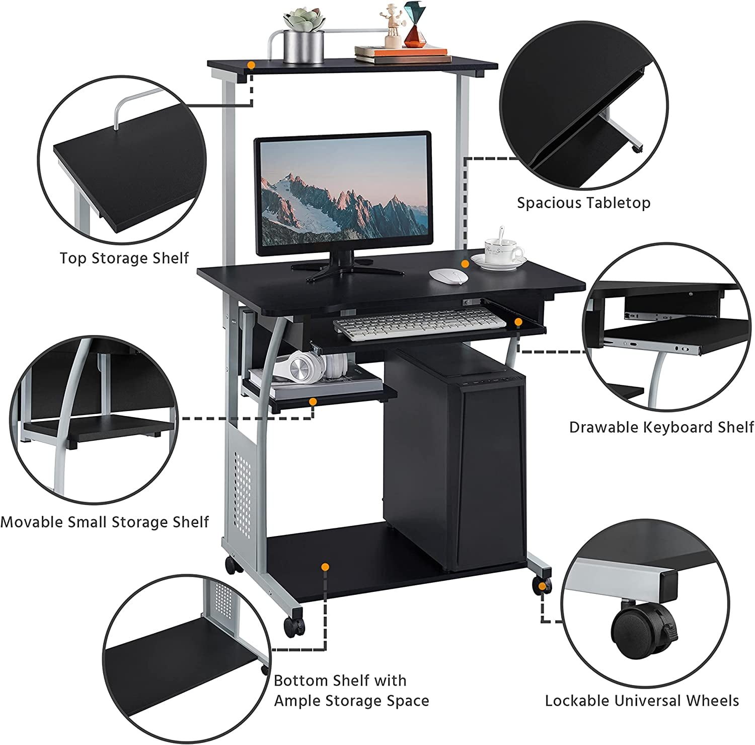 JessieMal 2 Tier Mobile Computer Desk with Printer Shelf & Keyboard Tray Rolling Computer Table for Small Spaces, Compact Study Workstation with Wheels, Space Saving, Black