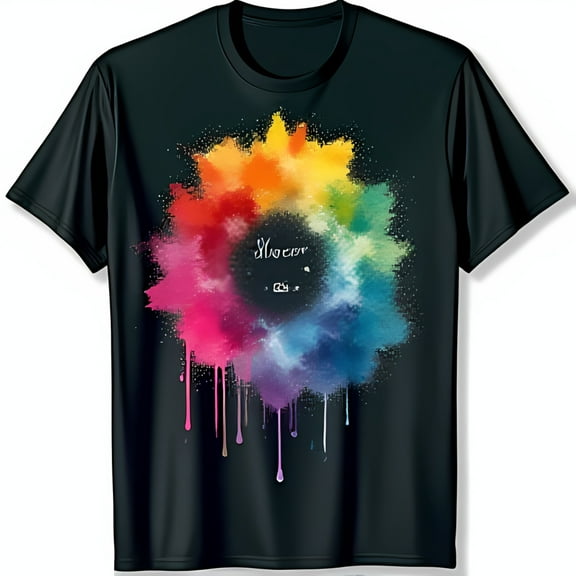 Vibrant Abstract Splatter Black T-Shirt Colorful Dripping Design