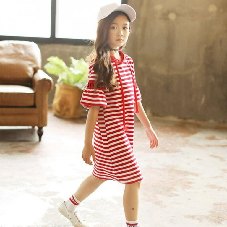 Summer New Fashion Baby Girls Long Style Casual Cotton Short Sleeves Dress Kids Hooded T shirt Dress Red 150