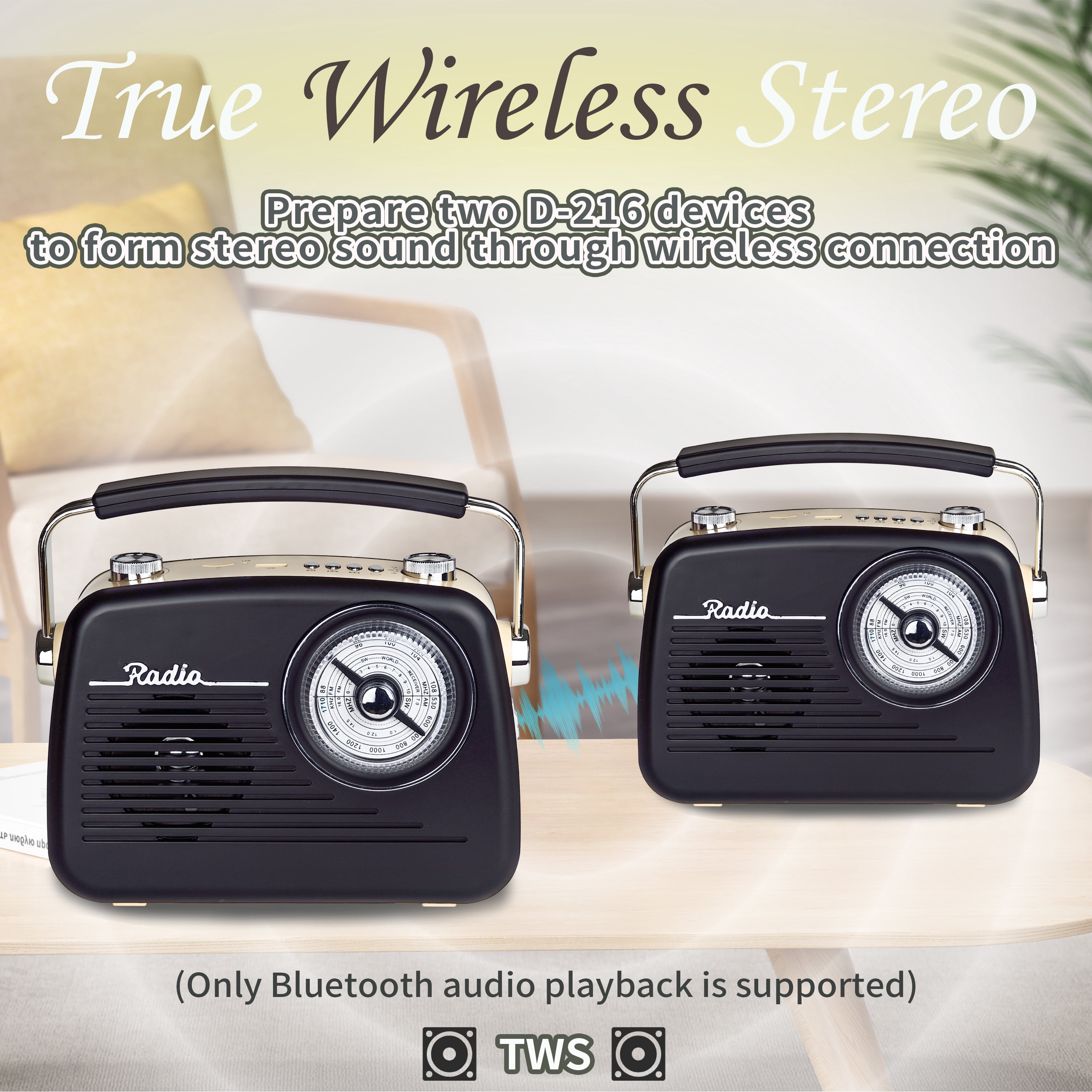Portable AM FM Shortwave Vintage Radio Multifunctional Bluetooth Speaker 4 Power Options 5W Speaker TWS Stereo Plug-in Wall/Type-C Charging Emergency Radio for Home Outdoor Camping(Black)