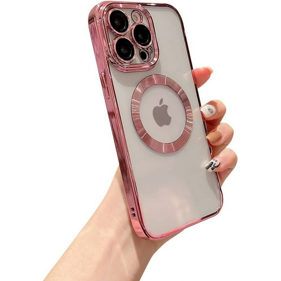 for iPhone 13 Pro Max Case Magnetic Clear with Camera Lens Protector Full Protection MagSafe Electroplated Silicone Dust-Proof Net Shockproof Protective Case Cover 6.7 Inch - Pink