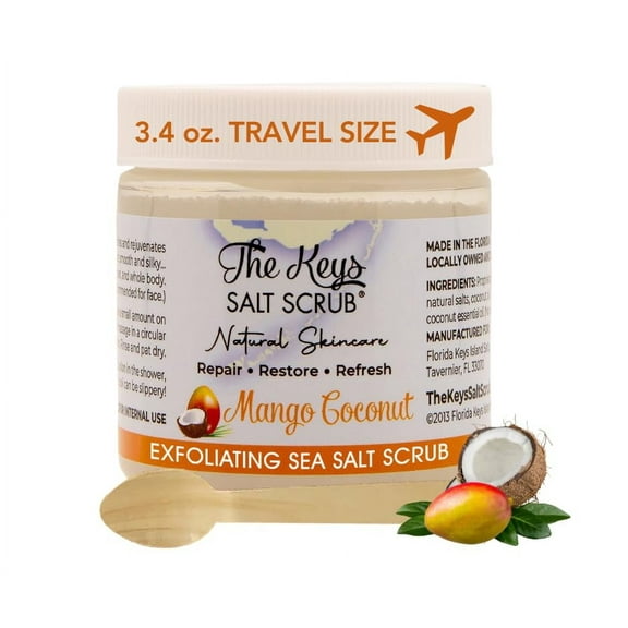 The Keys Mango Coconut Sea Salt Scrub - Natural Exfoliating Body Scrub with Wooden Spoon, Organic Moisturizing Exfoliator for Face, Hand, Foot, Bath, Manicure/Pedicure & Bikini Area, 3.4 oz