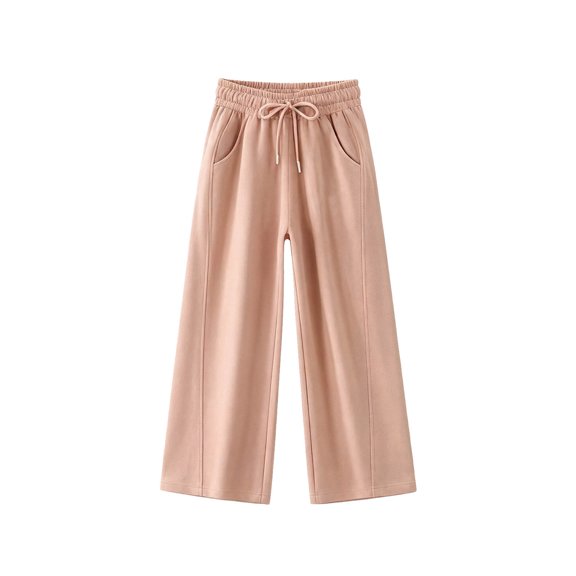 ZHOGXU Classic Solid Color Elastic Waist Drawstring Wide Leg Jogger Kids Girls Pants With Pocket Comfortable Everyday Wear