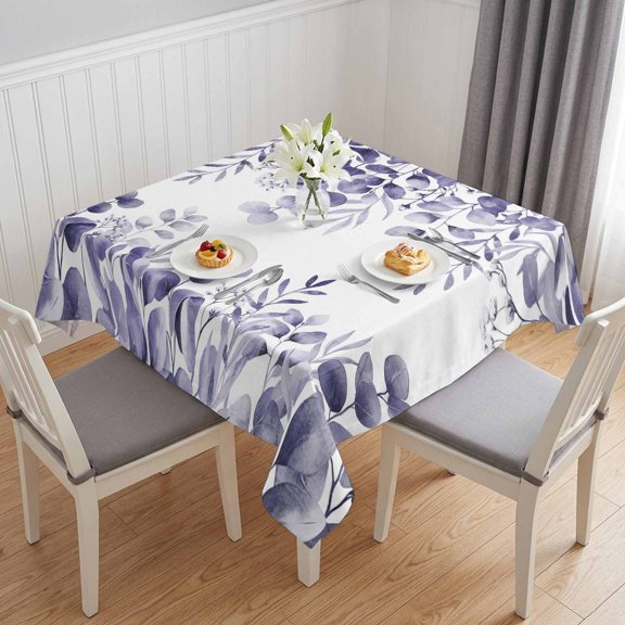 Purple Eucalyptus Table Cloth Waterproof Tablecloths, Spring Summer Farmhouse Leaves Watercolor Tablecloth Dining Table Cover for Kitchen Party Tabletop Outdoor, Square Tablecloth 54x54 Inch