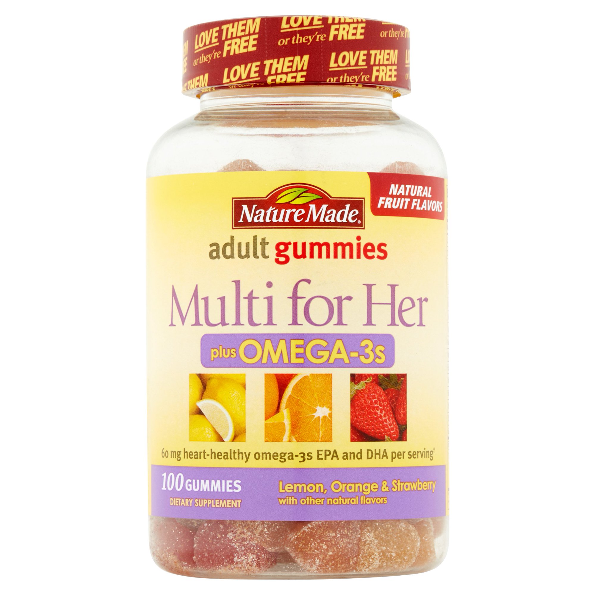 Nature Made Adult Multi for Her Plus Omega-3 Gummies, 100 Count, Lemon, Orange & Strawberry