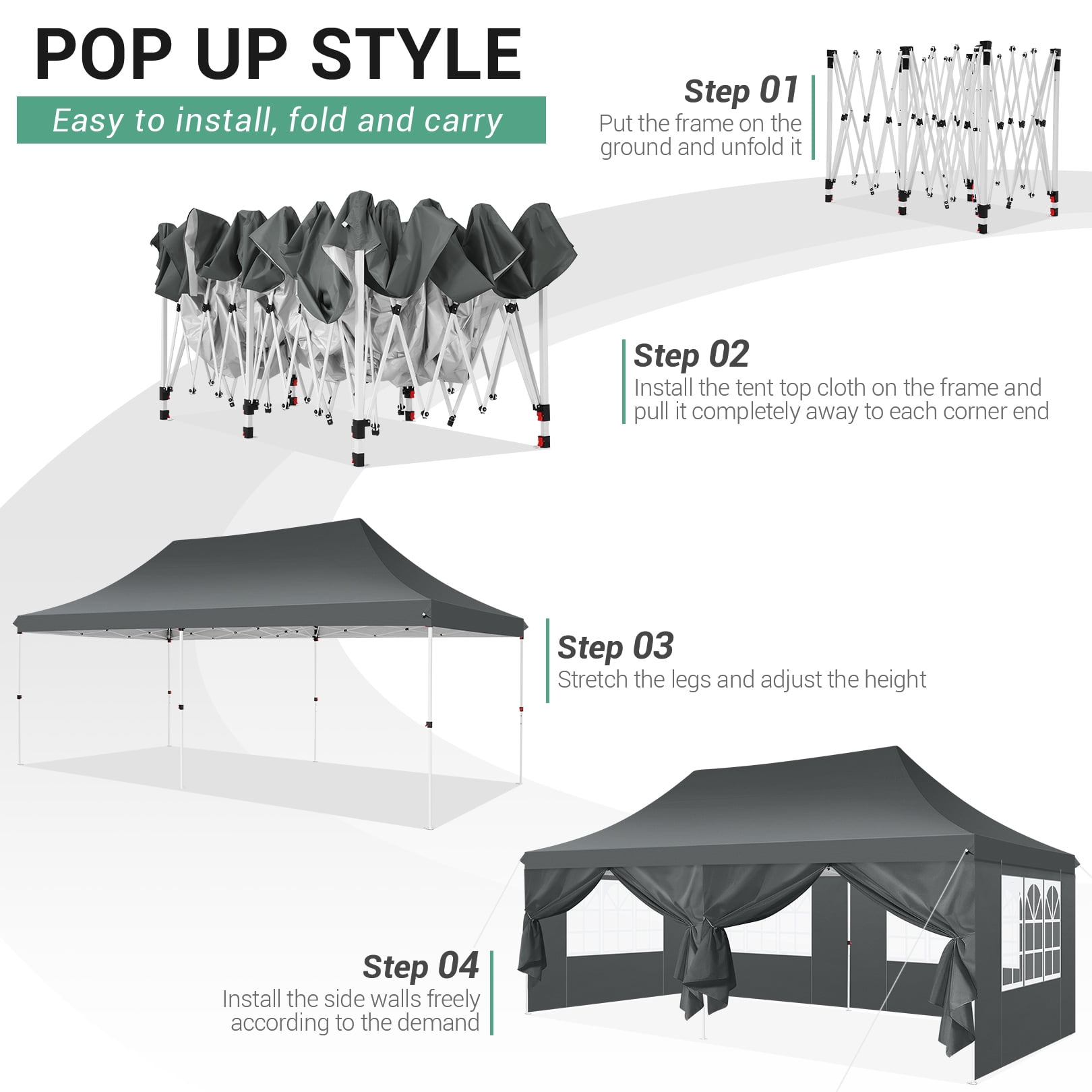 SANOPY 10'x20' Ez Pop up Canopy Party Tent with 6 Sidewalls, Waterproof and Sun Shelter Heavy Duty Canopy for Market with Carry Bag, Gray