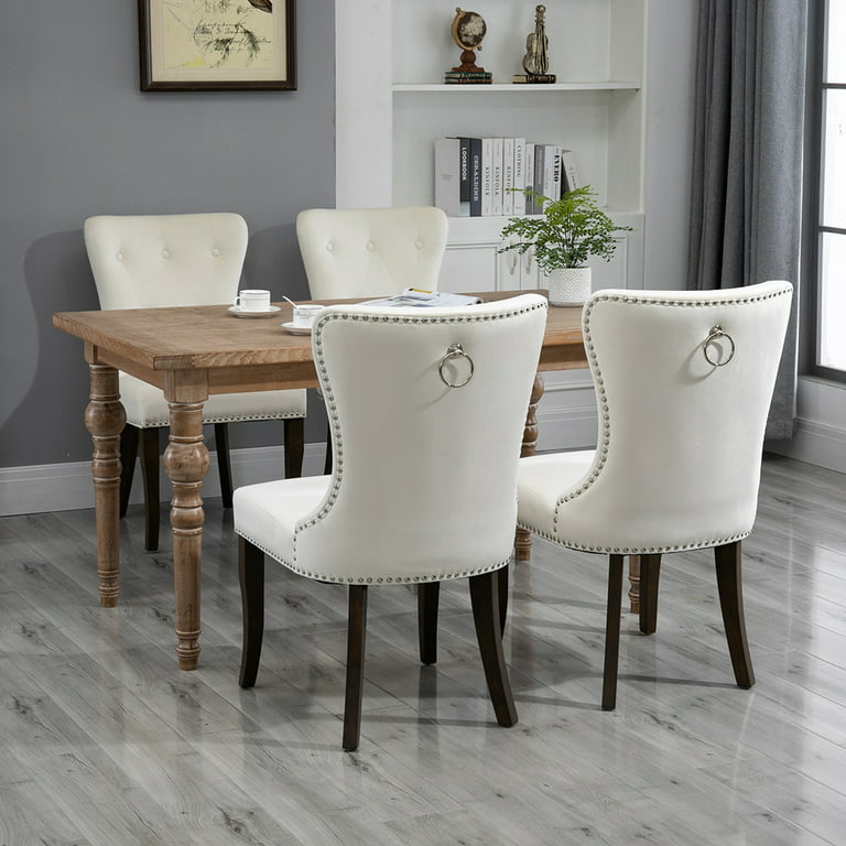 Tufted Upholstered Dining Chairs, Grey Linen Nailhead Dining Chairs