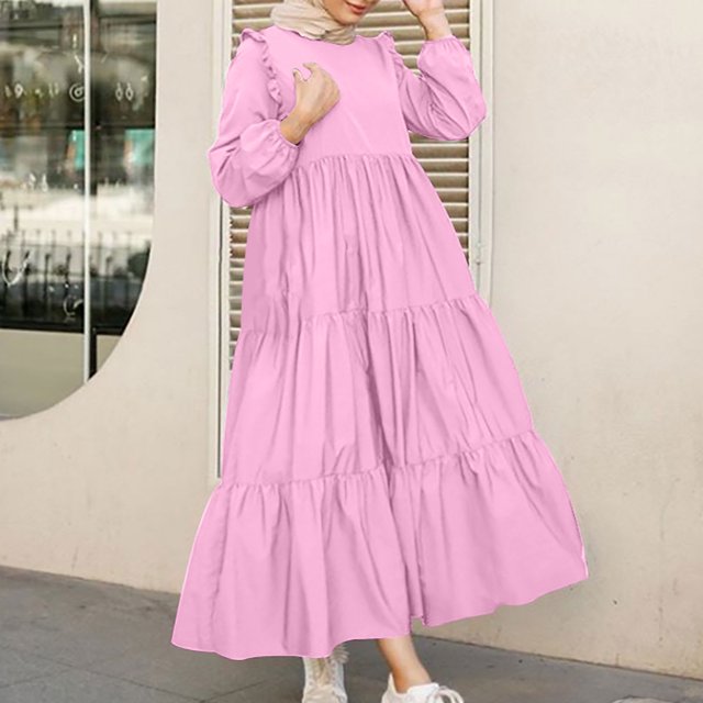 Gspmoly Robes Décontractées pour Femmes, Mode Féminine Col Rond Ample Manches Longues Robe Longue Unie Robe Cocktail Offres Hebdomadaires