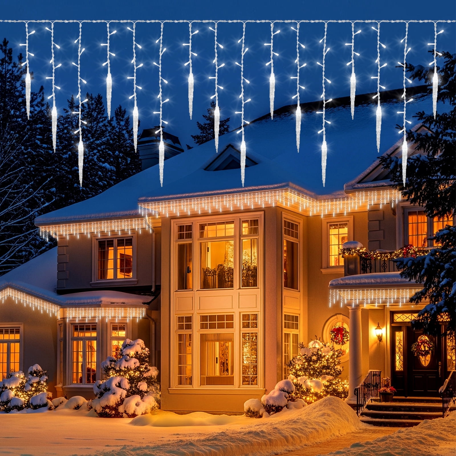 DONGPAI Christmas Icicle Lights, 11.5Ft 96 LED 8 Modes Icicle String Lights with 16 Drops Window Curtain Fairy Lights Outdoor Indoor for Christmas Wedding Holiday Decor