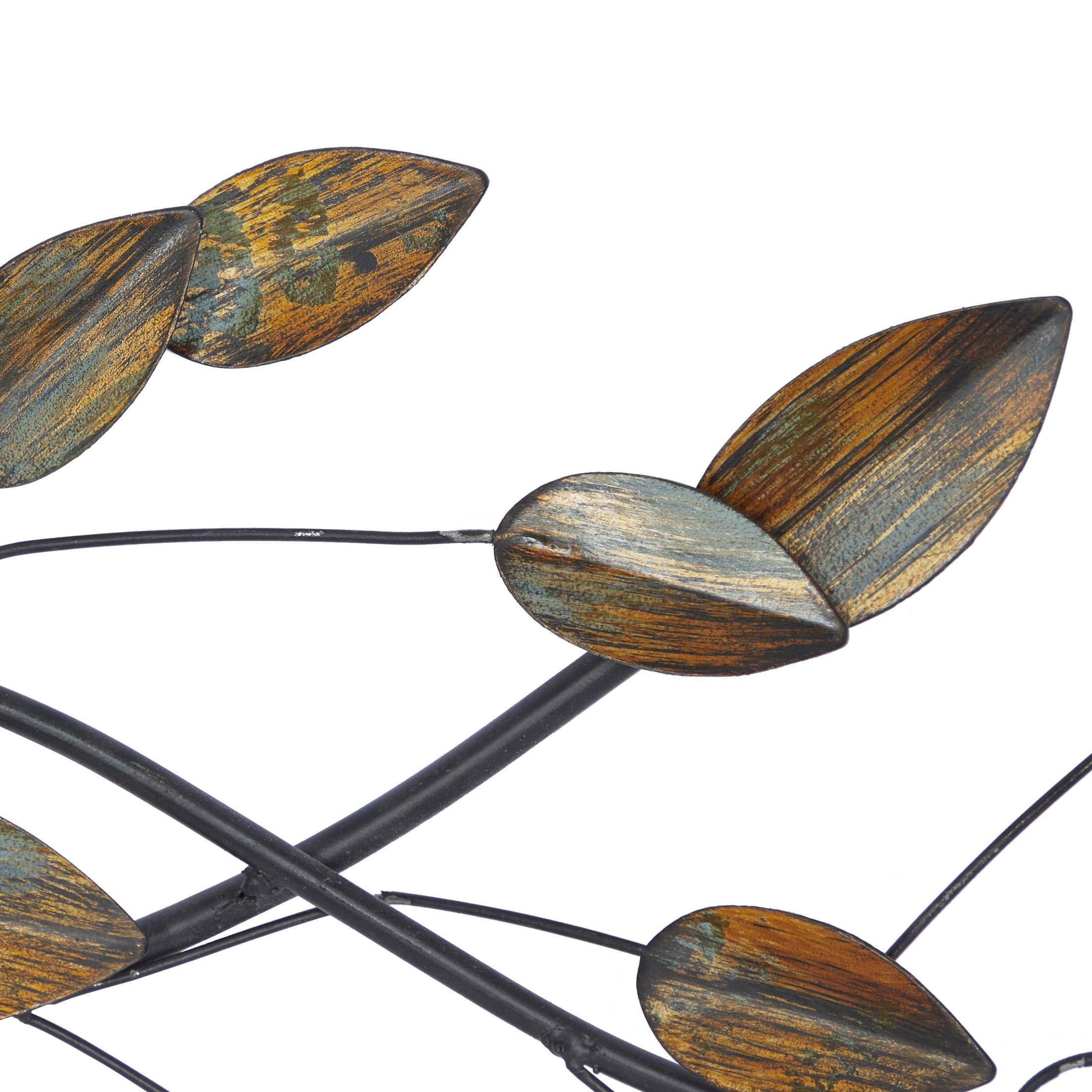 DecMode Brown Metal Slim Horizontal Leaf Wall Decor with Teal Accents