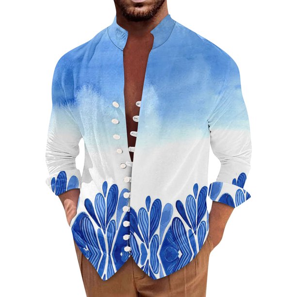 Men'S Retro Casual Loose Fitting Long Sleeved Printed Shirt Fashion Standing Collar TopXL