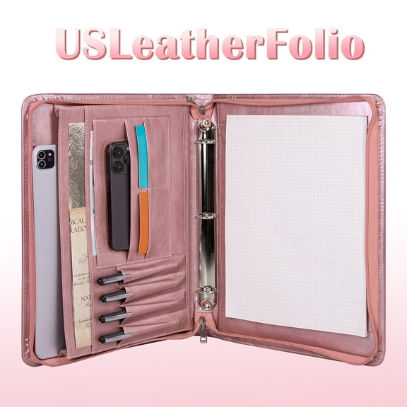 Zipper Binder Portfolio for Women, 3 Ring Binders 1 inch, PU Leather Padfolio Folder, Business Portfolio Organizer with A4 Legal Pads, Thin Leather Professional Binder, Gift for Her, Rosegold