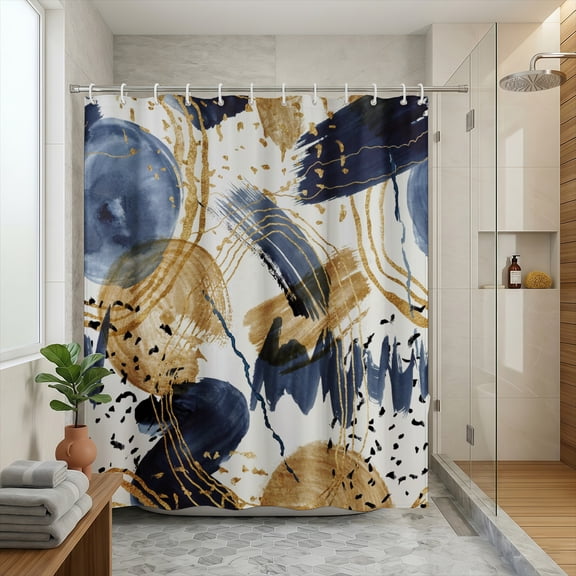 Rdsfhsp Navy Gold Abstract Brush Stroke Pattern Shower Curtain Set 72x72 Inch, Heavy Duty Waterproof Fabric, Machine Washable Mildew Resistant Bath Curtain with Hooks Included